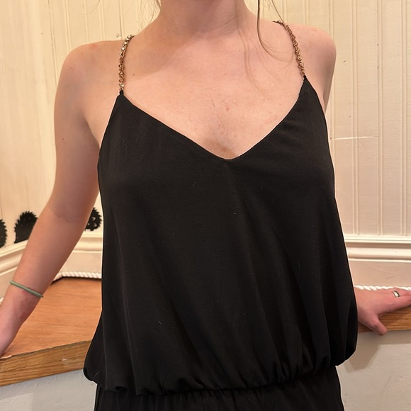 Black full length dress sz M gold chain strap with crystal accents, side slit. - Picture 5 of 7